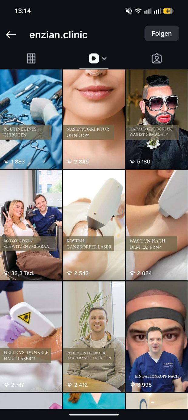 Videoübersicht des Kanals mit neun Vorschaubildern, jeweils mit Titelzeile und Aufrufzahl