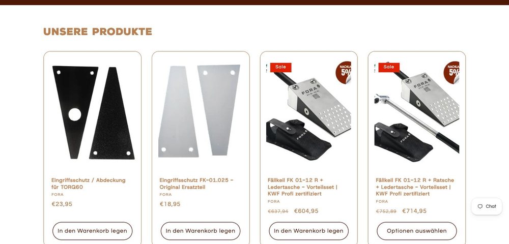 Produktübersicht mit vier Karten: freigestellte Fällkeile und Ersatzteile auf weißem Grund, jeweils mit Bezeichnung und Preis