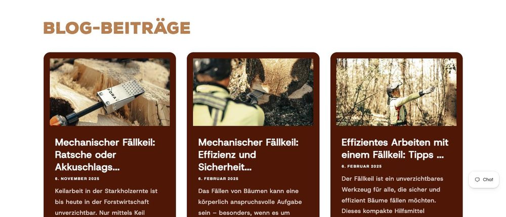 Drei Blogbeiträge mit Fotografien: Fällkeil im Sägespalt, Forstwirt am Stamm, Forstwirtin im Wald mit ausgestrecktem Arm
