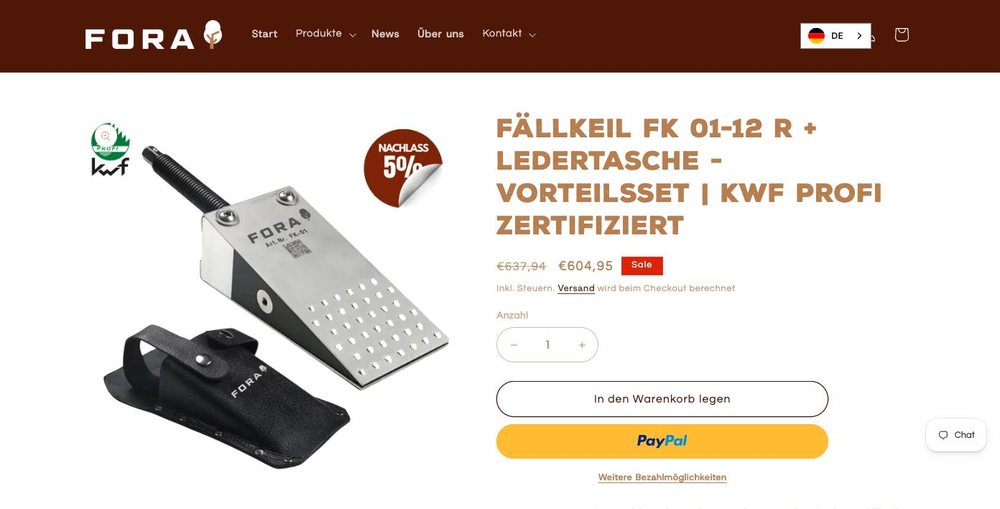 Produktseite eines Fällkeils mit Ledertasche, mit KWF-Profi-Siegel und Preisangabe