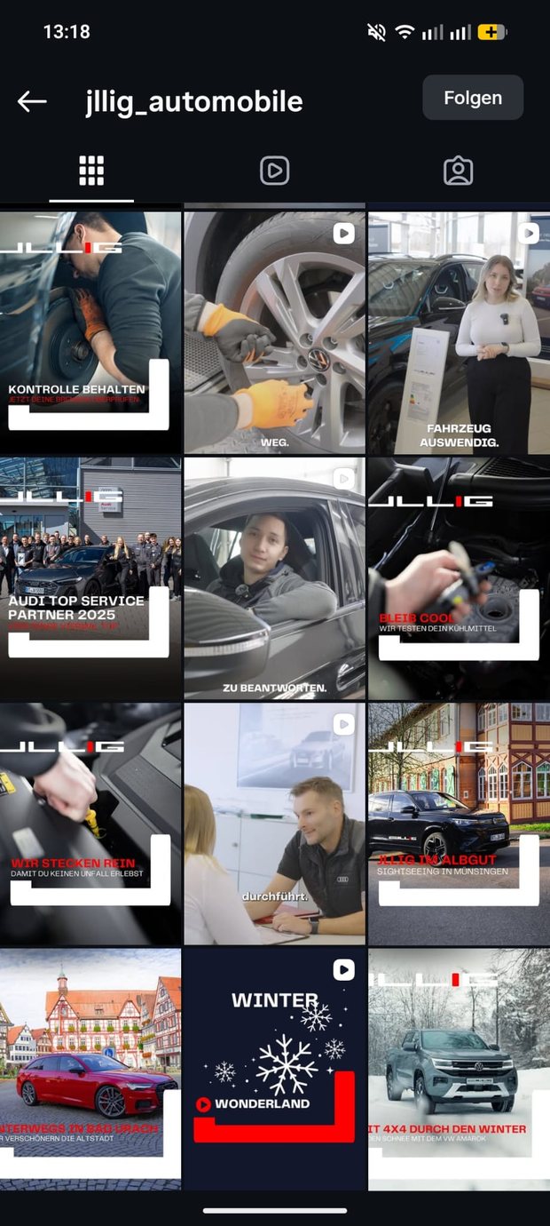Profilraster mit Videobeiträgen aus der Werkstatt, Nahaufnahmen von Reifen und Motorraum sowie Teamaufnahmen