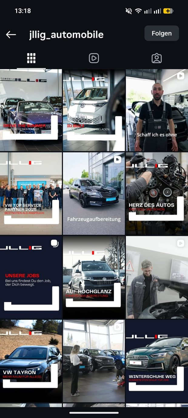 Profilraster mit Beiträgen zu Servicepartner-Auszeichnungen, Stellenanzeigen und Fahrzeugaufbereitung