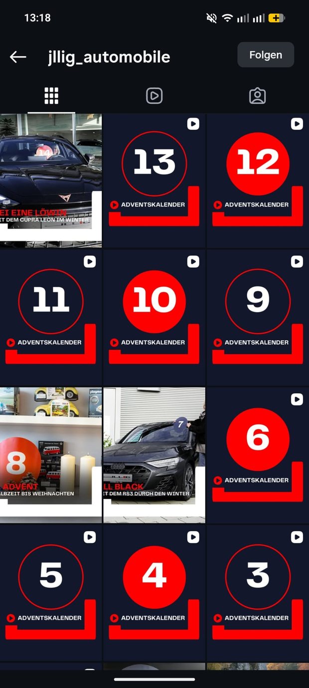 Weiterer Ausschnitt des Profilrasters mit den Adventskalender-Zahlen 13 bis 3 und Videobeiträgen