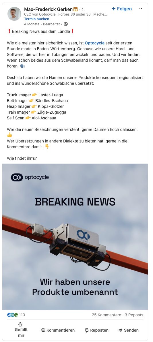 Der vollständige Beitrag in der LinkedIn-Ansicht mit der Liste der fünf übersetzten Produktnamen und dem ersten Karussellbild