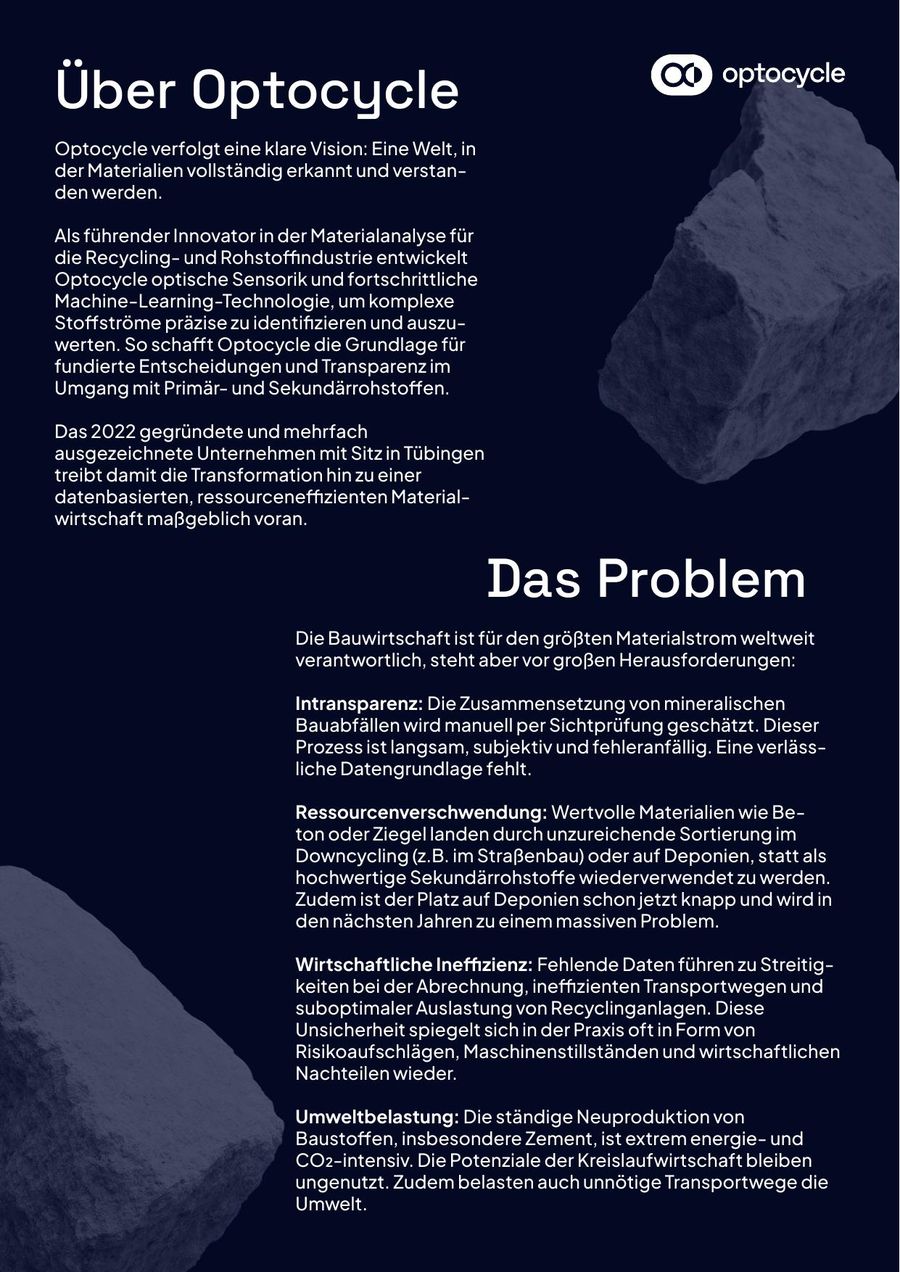 Seite 2 des Factsheets: Abschnitte „Über Optocycle“ und „Das Problem“ mit vier fett angelaufenen Absätzen
