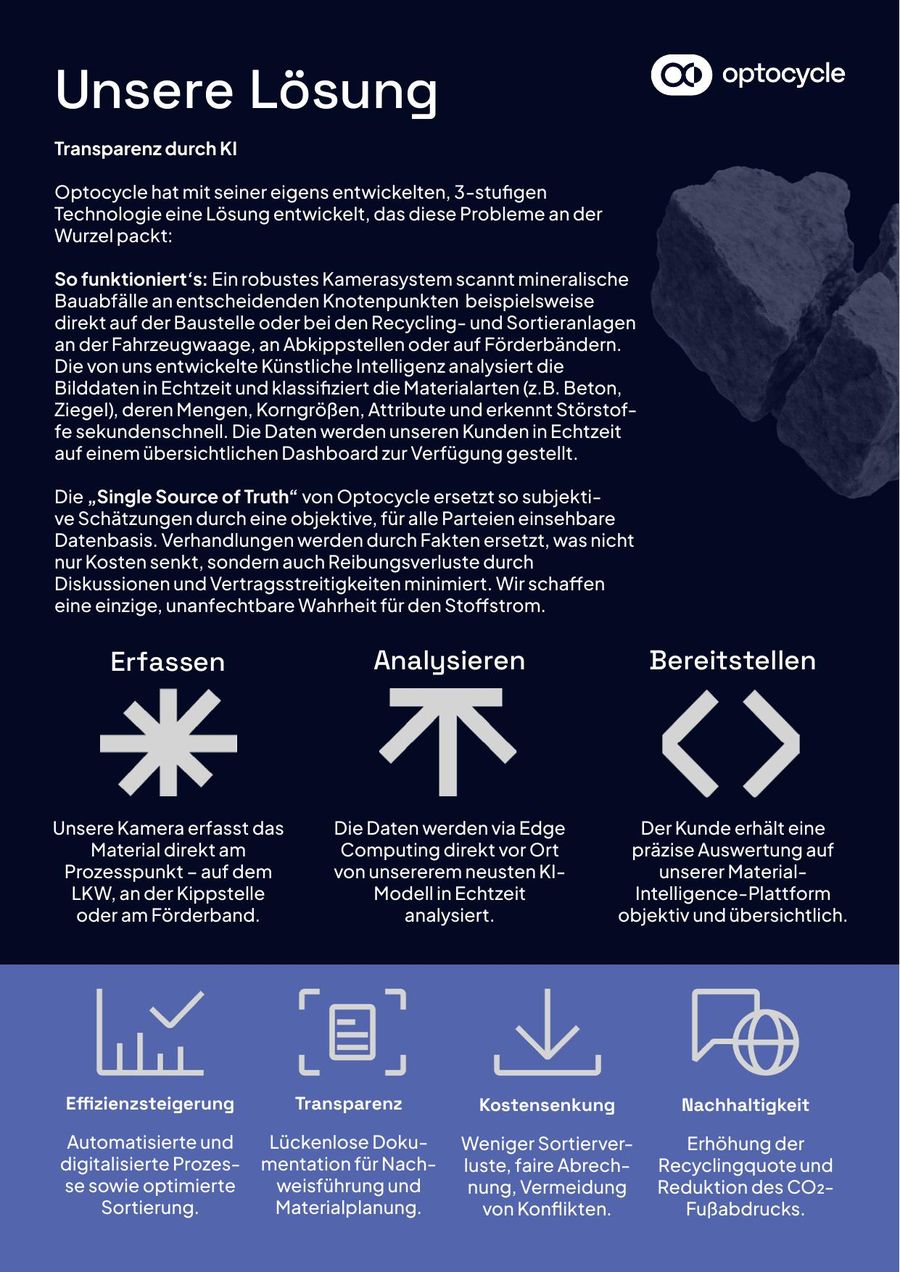 Seite 3 des Factsheets: Abschnitt „Unsere Lösung“ mit drei Piktogrammen für Erfassen, Analysieren und Bereitstellen und einem indigofarbenen Streifen mit vier Nutzenversprechen