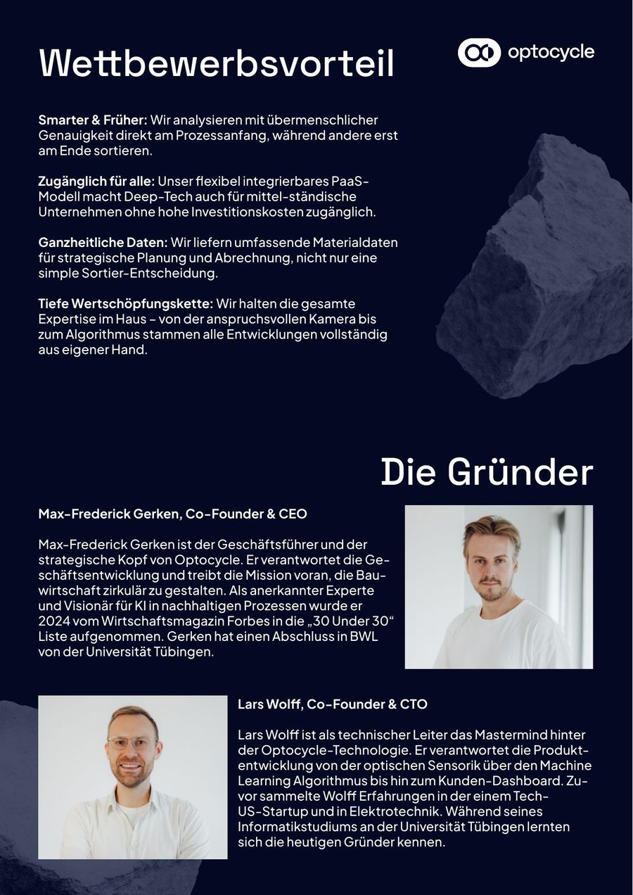 Seite 4 des Factsheets: Abschnitte „Wettbewerbsvorteil“ und „Die Gründer“ mit Porträts der beiden Gründer