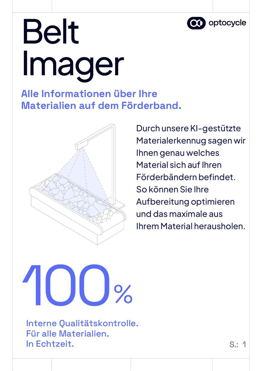 Vorderseite des Produktflyers Belt Imager: Produktname, Anwendungsfoto, kurzer Beschreibungstext und eine große Kennzahl
