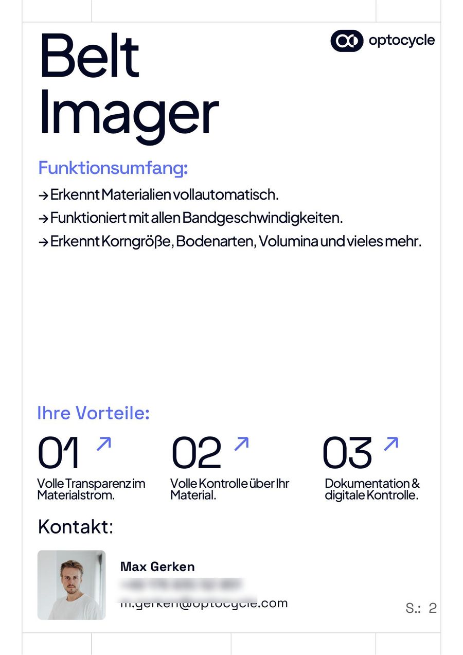 Rückseite des Produktflyers Belt Imager: Funktionsumfang als Liste, drei nummerierte Vorteile und Kontaktangaben