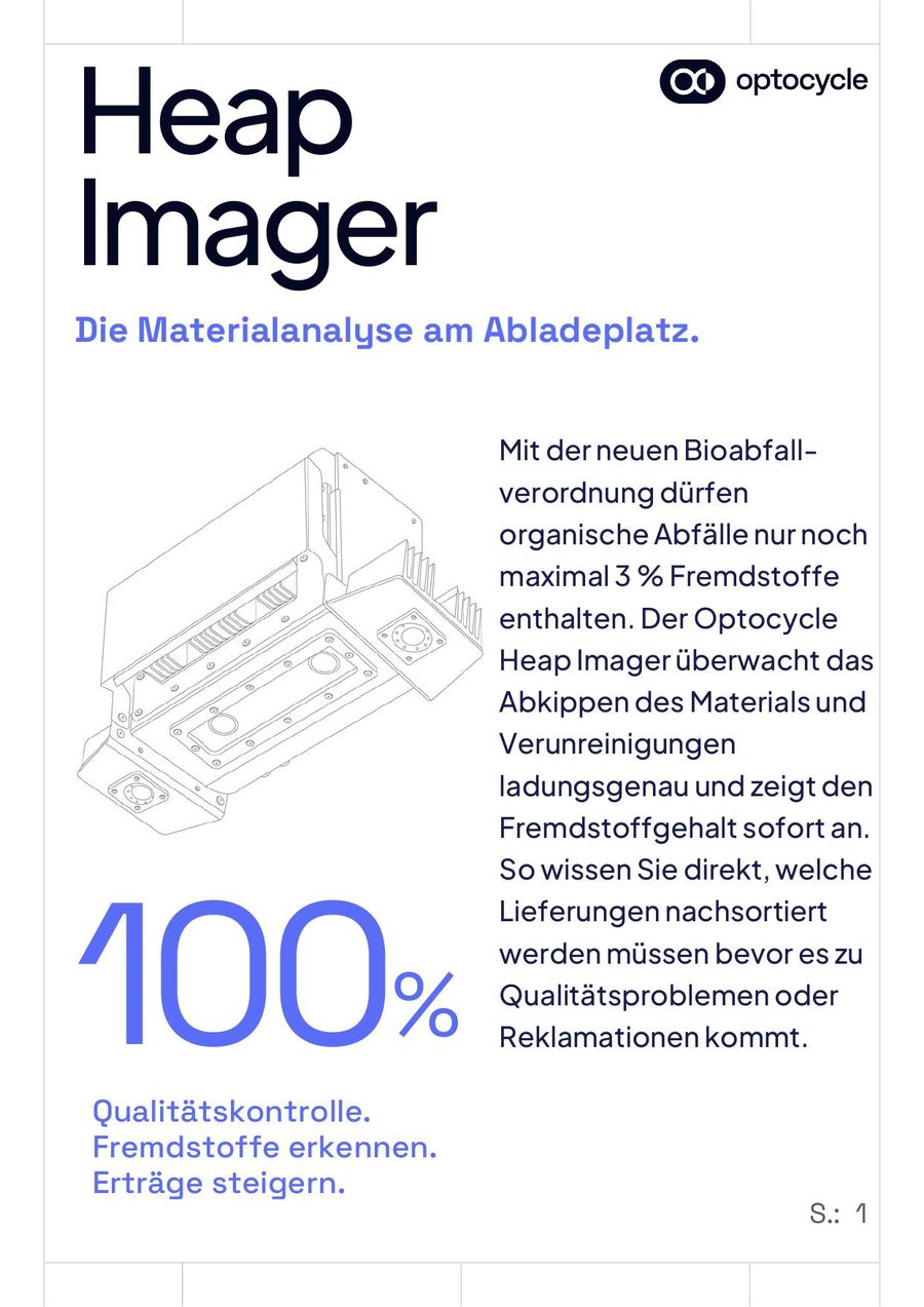 Vorderseite des Produktflyers Heap Imager: Produktname, Anwendungsfoto, kurzer Beschreibungstext und eine große Kennzahl