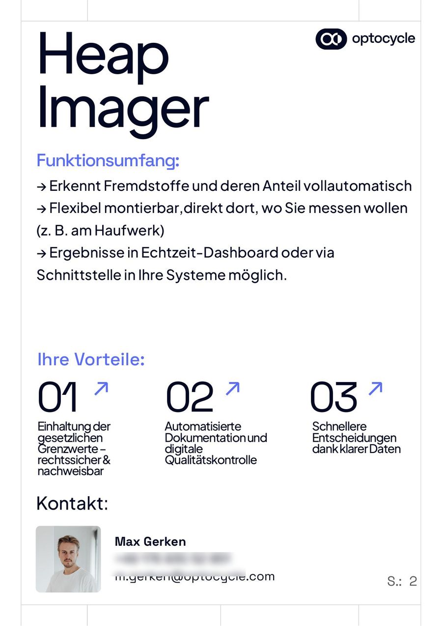 Rückseite des Produktflyers Heap Imager: Funktionsumfang als Liste, drei nummerierte Vorteile und Kontaktangaben