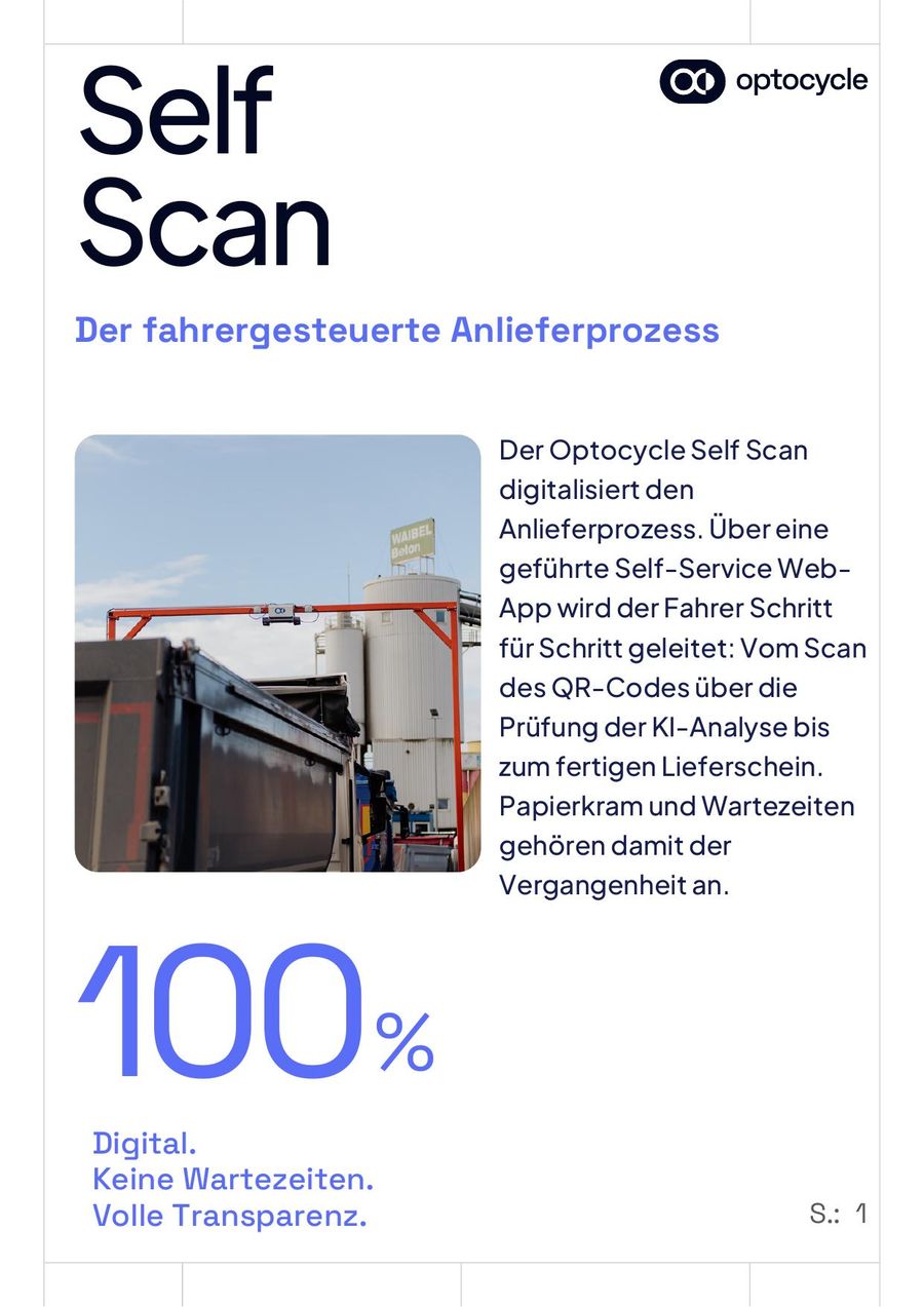 Vorderseite des Produktflyers Self Scan: Produktname, Anwendungsfoto, kurzer Beschreibungstext und eine große Kennzahl