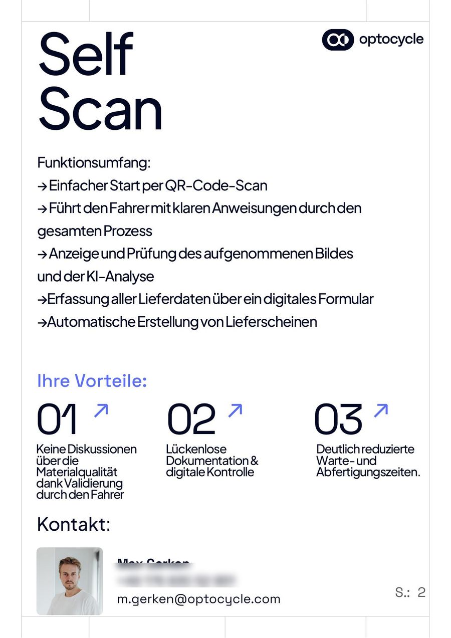 Rückseite des Produktflyers Self Scan: Funktionsumfang als Liste, drei nummerierte Vorteile und Kontaktangaben