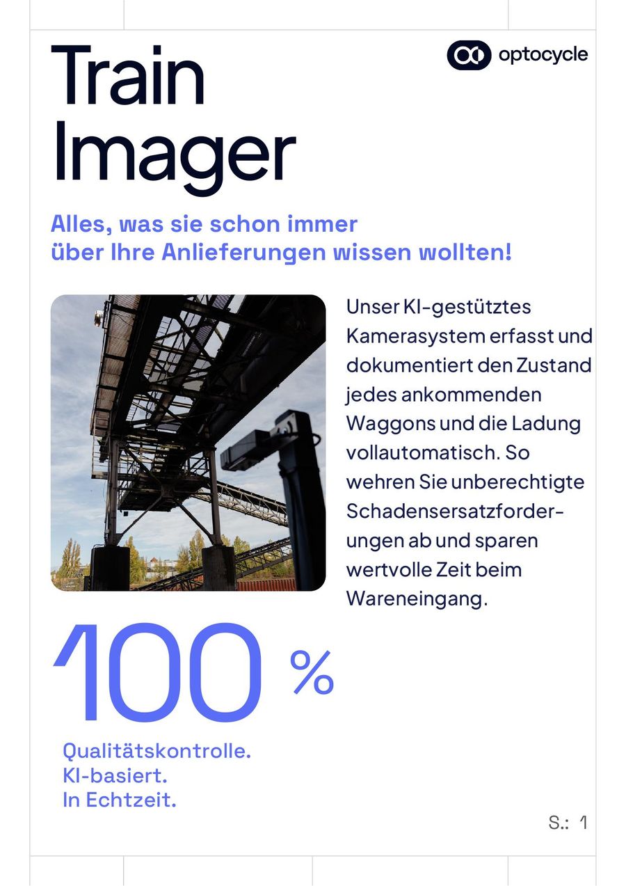 Vorderseite des Produktflyers Train Imager: Produktname, Anwendungsfoto, kurzer Beschreibungstext und eine große Kennzahl