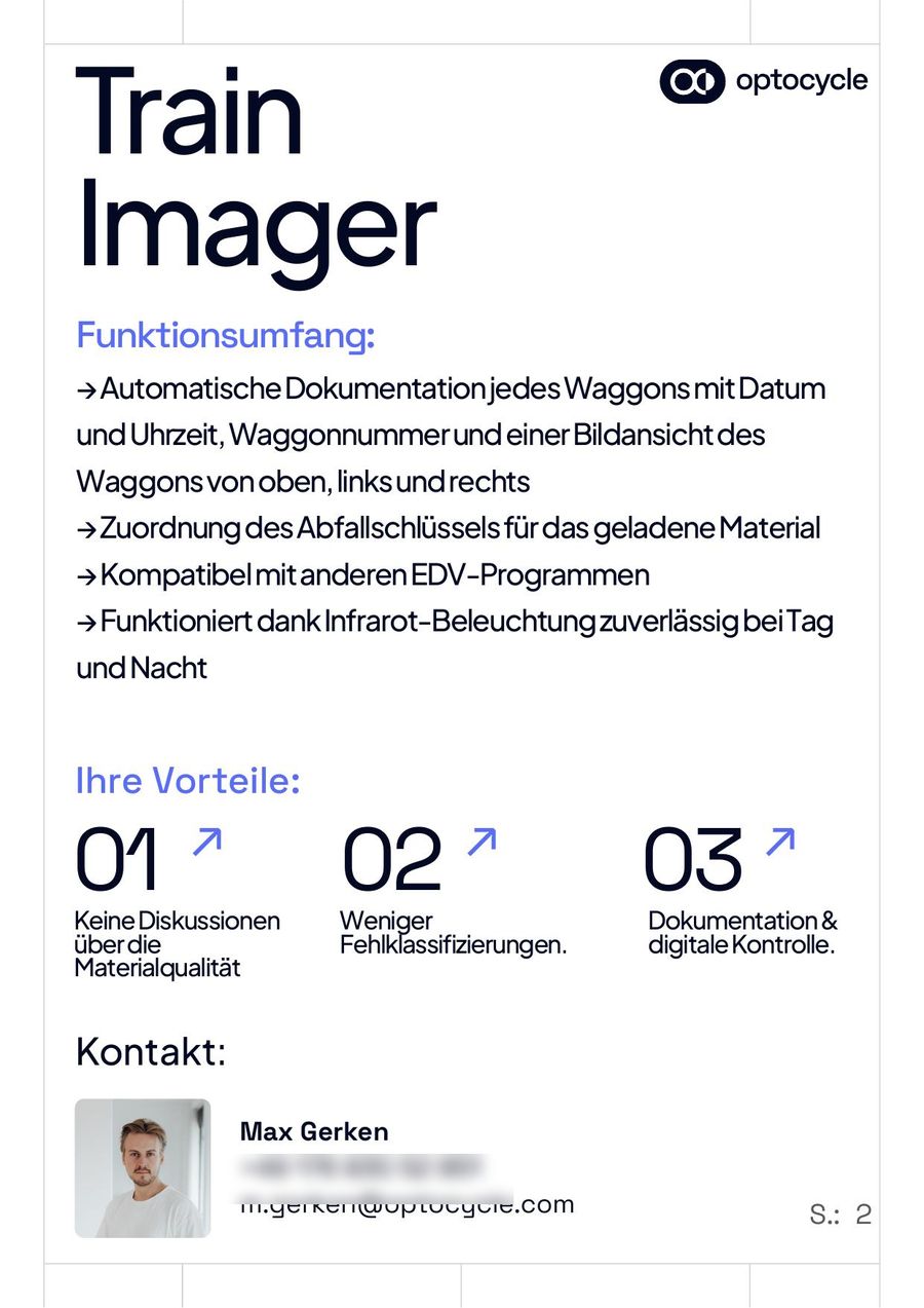 Rückseite des Produktflyers Train Imager: Funktionsumfang als Liste, drei nummerierte Vorteile und Kontaktangaben