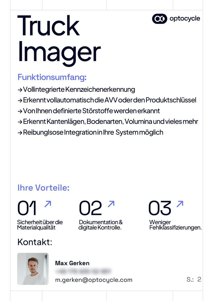 Rückseite des Produktflyers Truck Imager: Funktionsumfang als Liste, drei nummerierte Vorteile und Kontaktangaben