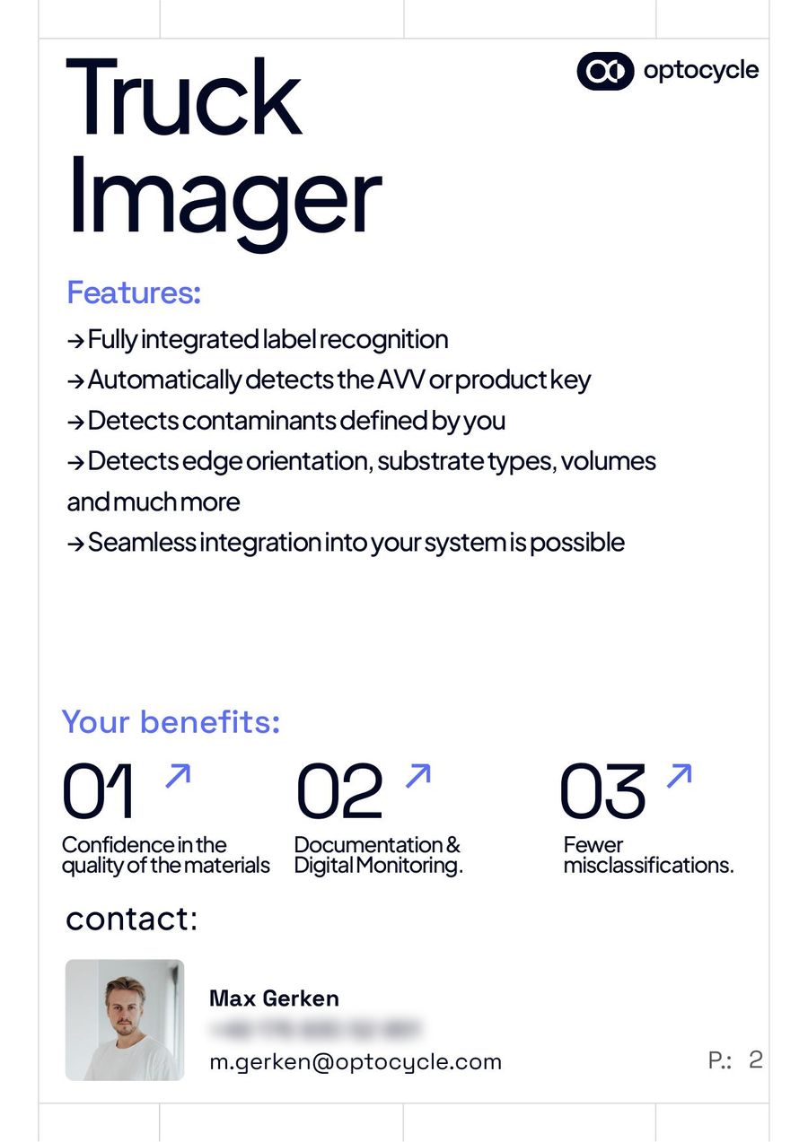 Rückseite des englischen Produktflyers Truck Imager mit Funktionsliste und drei nummerierten Vorteilen