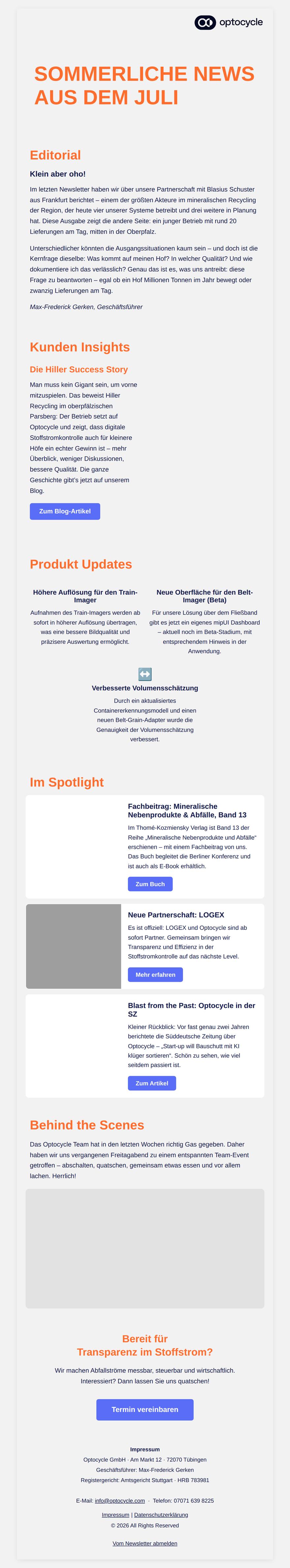 Vollansicht des Optocycle-Newsletters Juli 2026 mit gleichem Aufbau und zweispaltigen Produkt-Updates