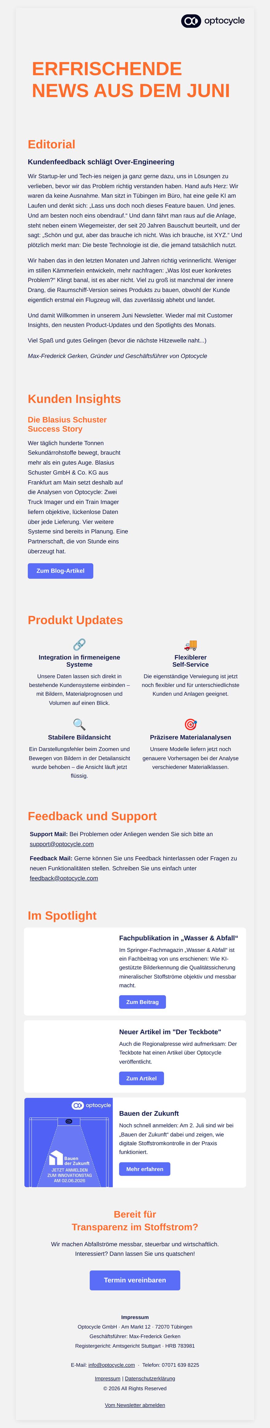 Vollansicht des Optocycle-Newsletters Juni 2026 mit Editorial, Kunden-Insights, Produkt-Updates, Support-Abschnitt und Spotlight