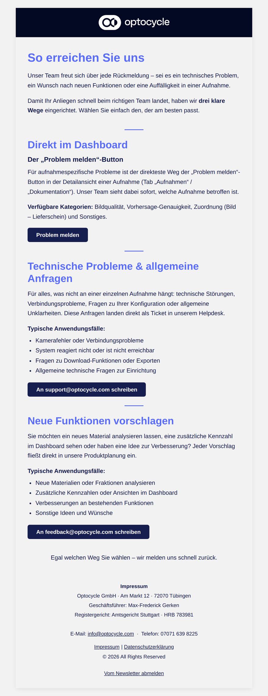 Vollansicht der Support-Mail mit drei getrennten Abschnitten für Dashboard-Meldung, technische Probleme und Funktionswünsche