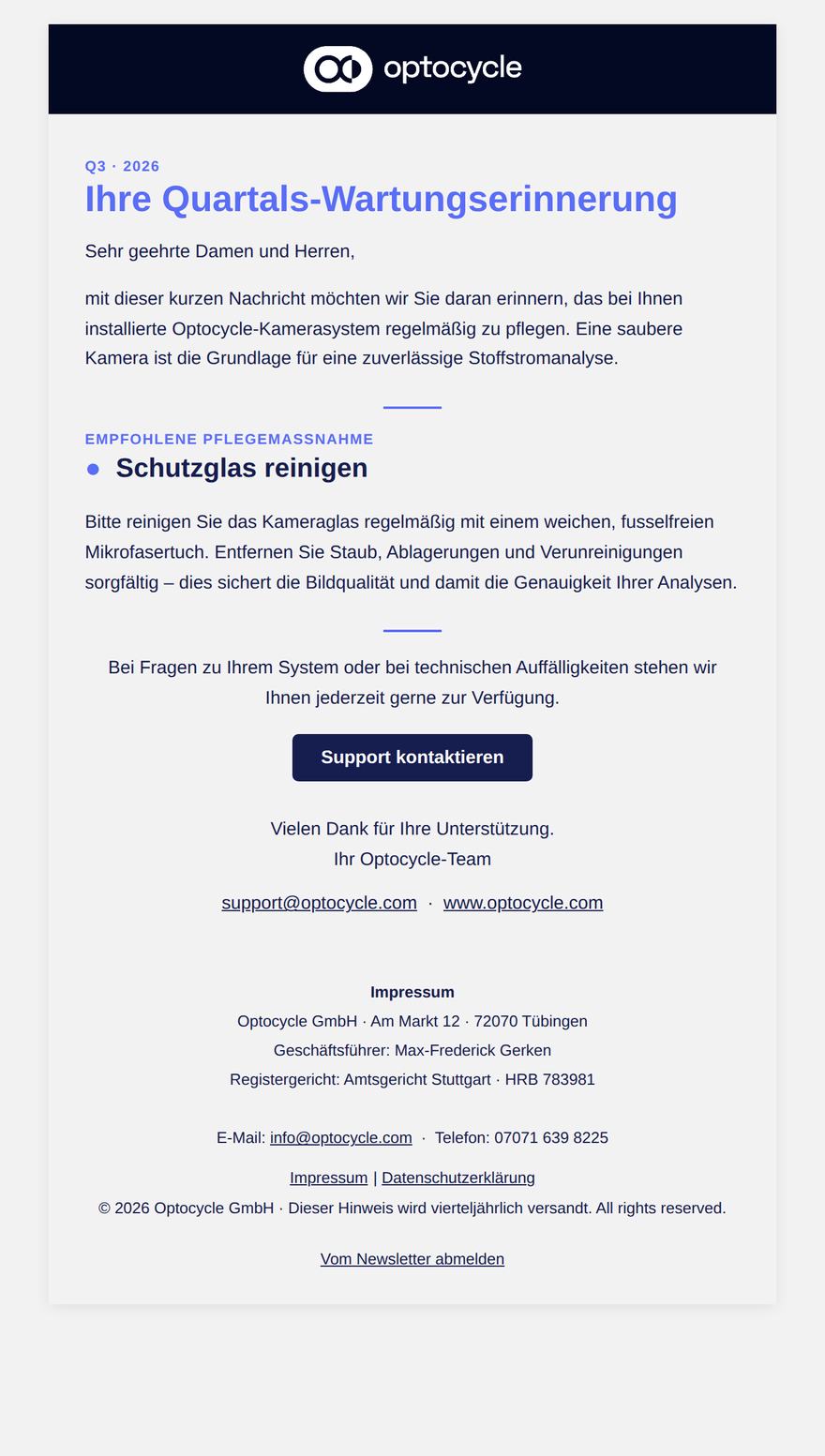 Vollansicht der Quartals-Wartungserinnerung mit Kopfbalken, einer Pflegemaßnahme und einer Schaltfläche zum Support
