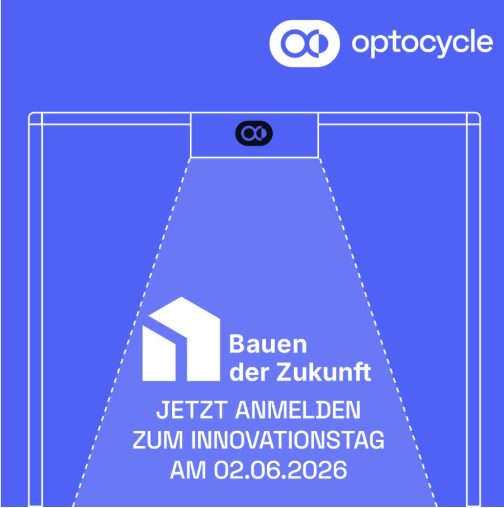 Beitragsbild: als Strichzeichnung angedeutetes Messportal auf indigofarbenem Grund, dessen Lichtkegel das Logo des Veranstalters „Bauen der Zukunft“ beleuchtet