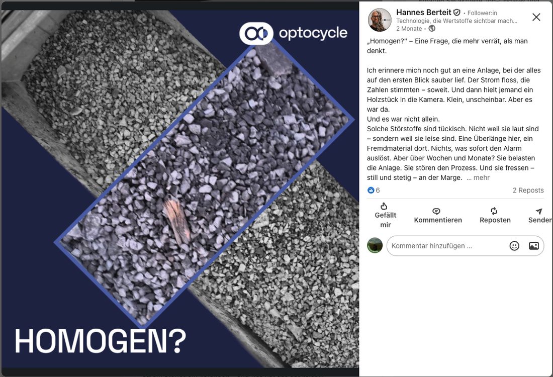 Der Beitrag „Homogen?“ in der LinkedIn-Ansicht mit vollständigem Text neben dem Bild