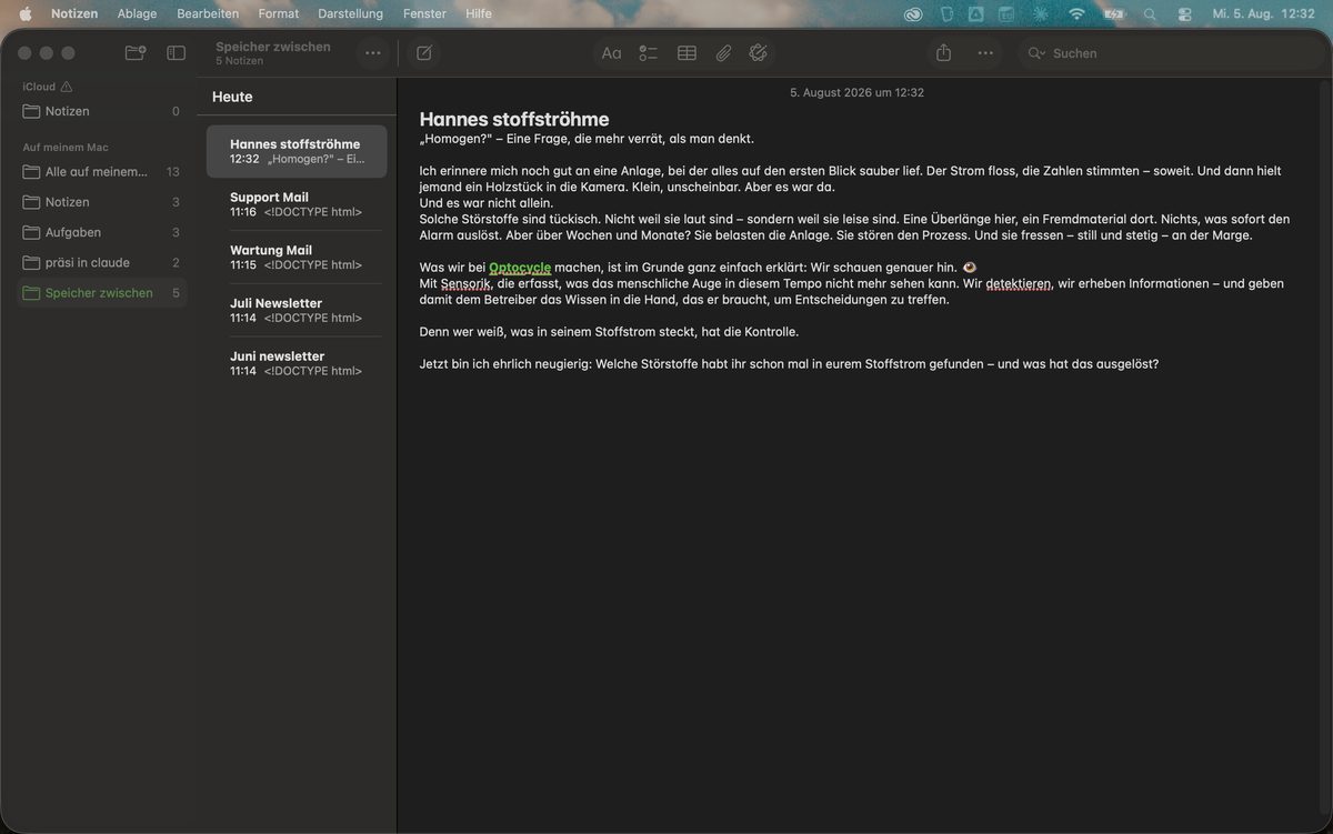 Der Beitragstext im Notizen-Editor während der Entstehung