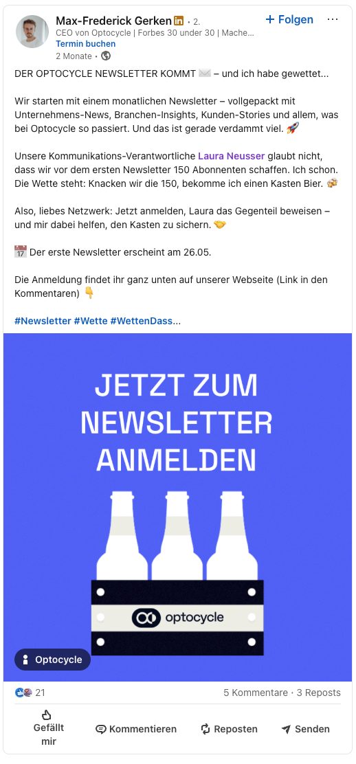 Der Beitrag zur Newsletter-Wette in der LinkedIn-Ansicht, mit einem Bierkasten als Bildmotiv