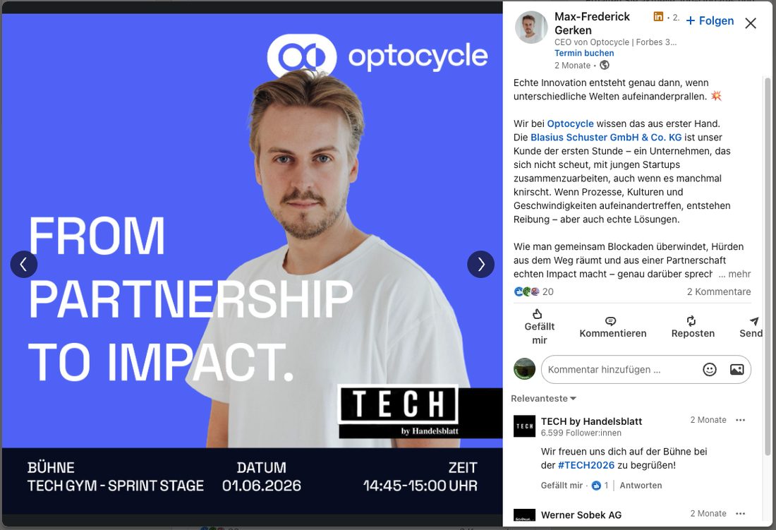 Erste Karussell-Karte: freigestellte Person auf indigofarbenem Grund, Text „From Partnership to Impact“, unten ein Balken mit Bühne, Datum und Zeit