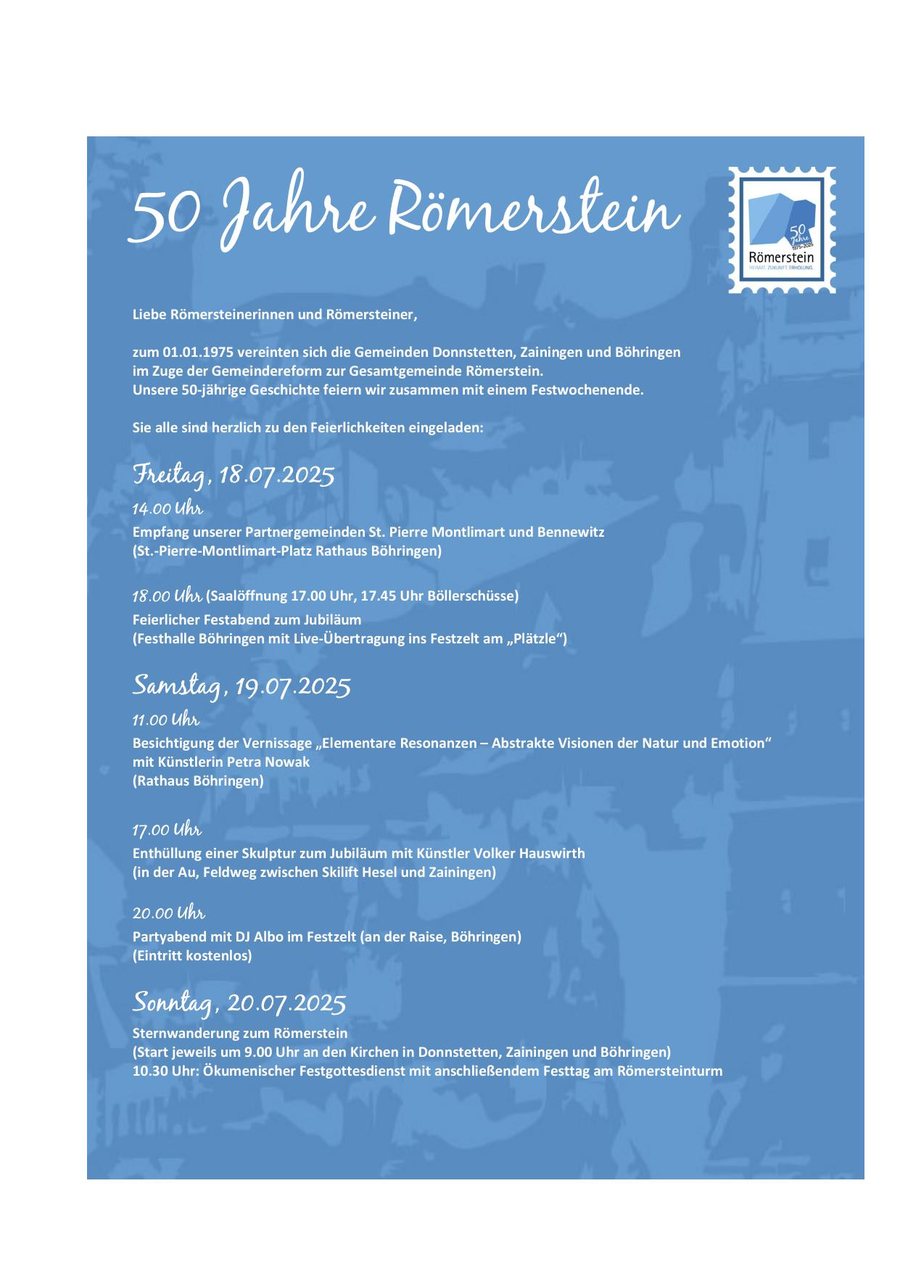 Erste Seite der Einladung: blaue Fläche mit hell durchscheinenden Gebäudemotiven im Hintergrund, Titel in Schreibschrift, darunter das Programm des Festwochenendes nach Tagen sortiert