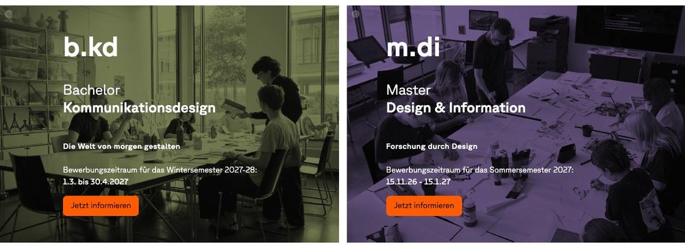 Zwei große Kacheln für Bachelor Kommunikationsdesign und Master Design und Information, jeweils mit farbig überlagertem Foto und Bewerbungszeitraum