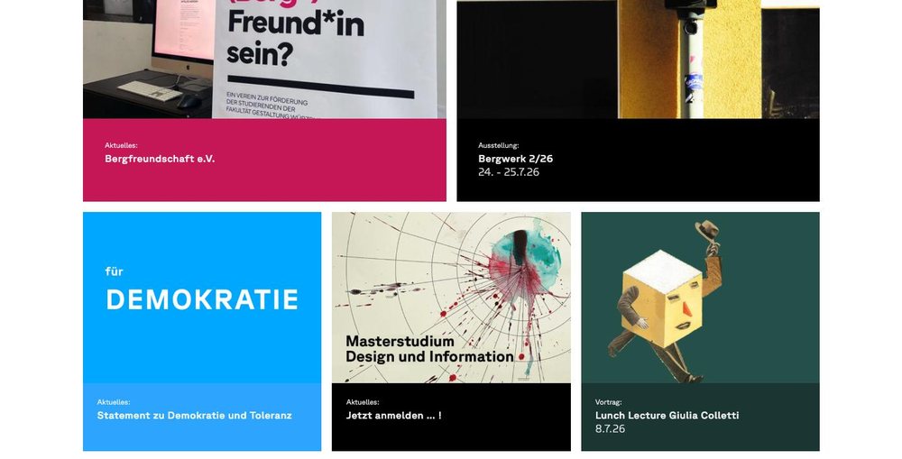 Raster aus farbigen Kacheln zu Aktuelles, Ausstellungen und Vorträgen mit Titeln und Datumsangaben