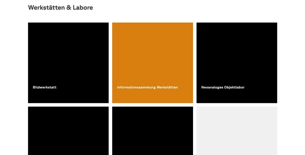 Raster aus schwarzen und orangefarbenen Kacheln mit den Namen der Werkstätten und Labore