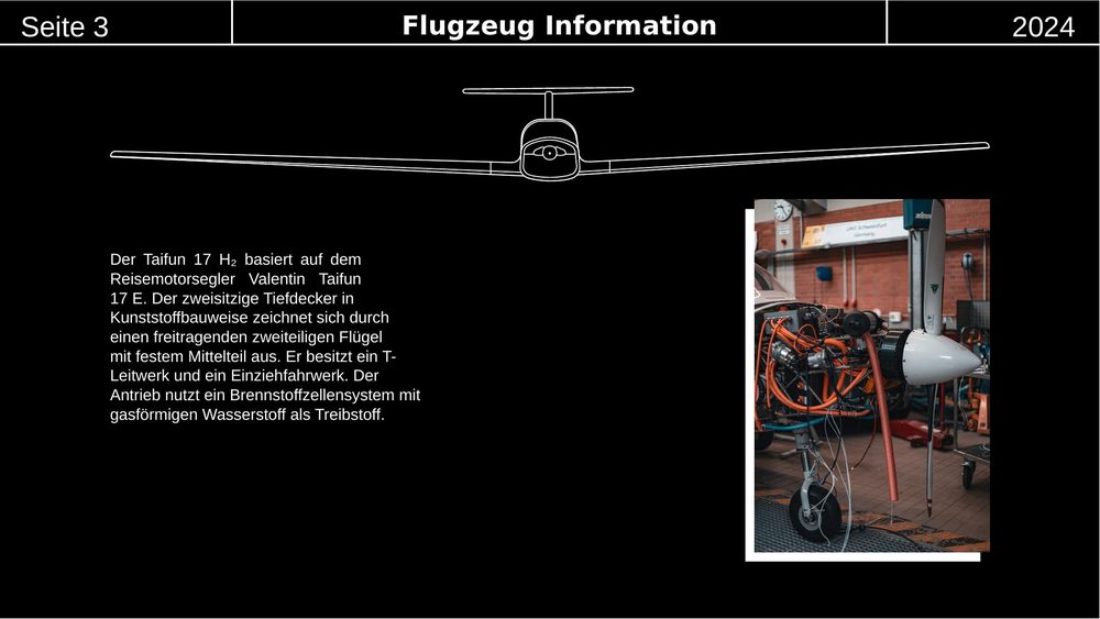 Präsentationsfolie mit technischer Dreiseitenansicht des Flugzeugs als Strichzeichnung und einer zweispaltigen Tabelle mit Spannweite, Flügelfläche, Flugmasse, Reisegeschwindigkeit und Antrieb