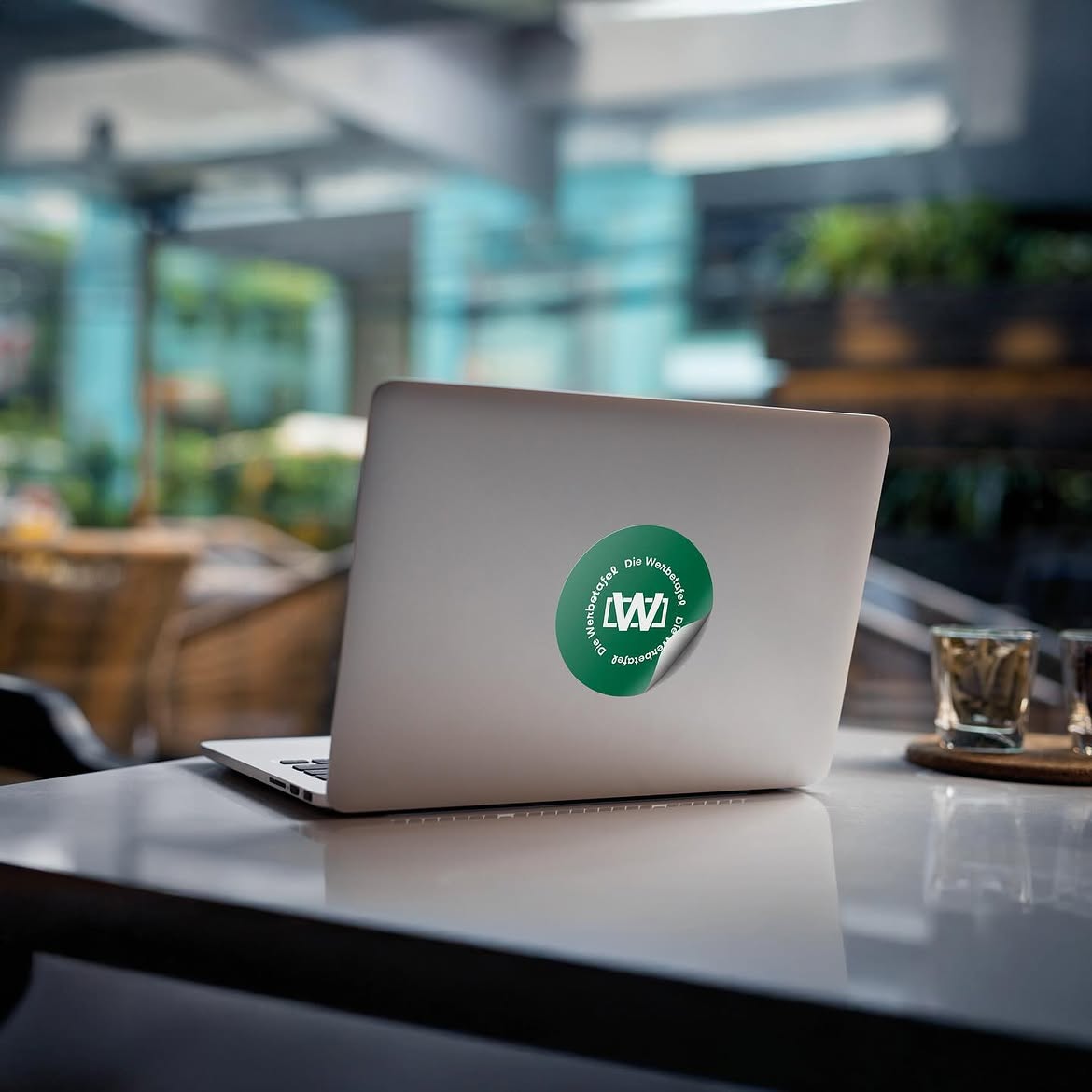 Runder Aufkleber mit dem Logo auf einem Laptopdeckel