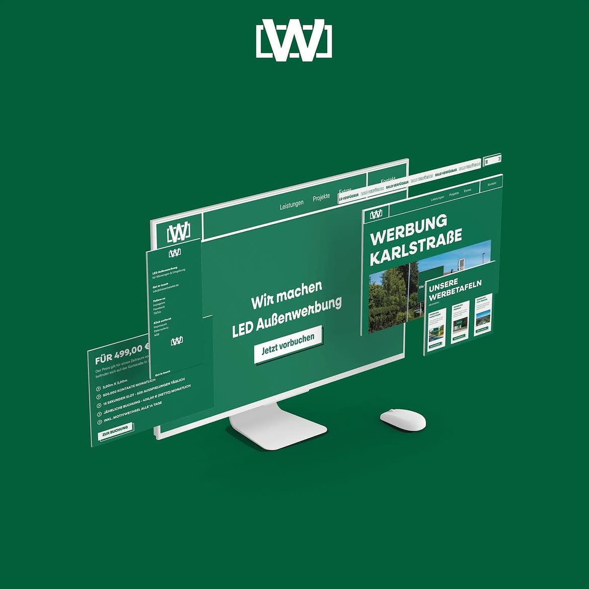 Mehrere Ansichten der Website auf einem Monitor: Startseite, Standortseite und Preisansicht
