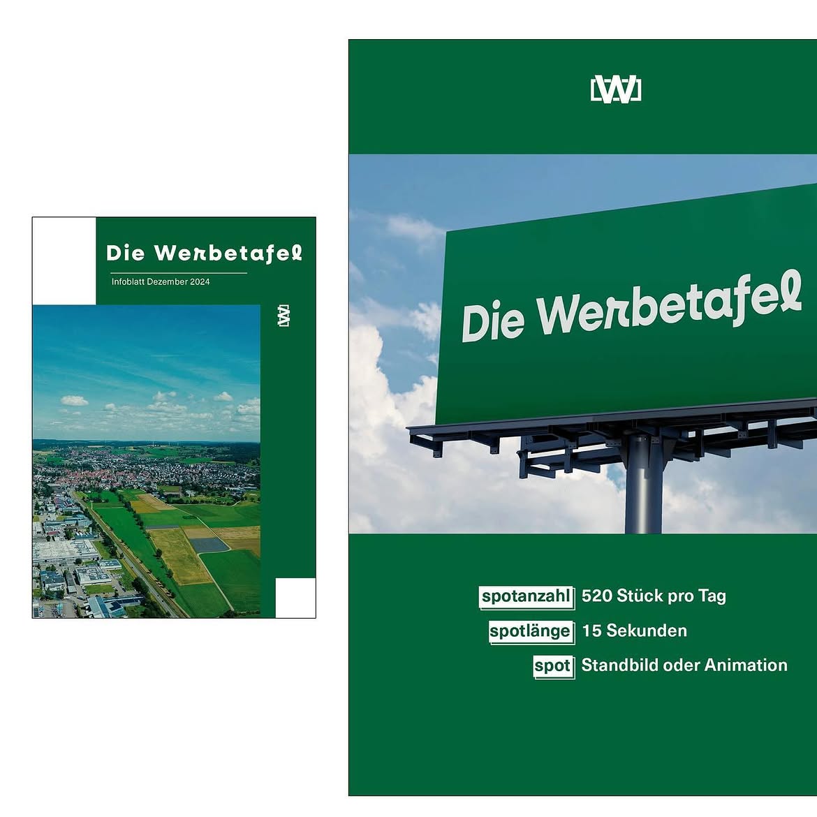 Gedrucktes Infoblatt mit Luftbild des Ortes und eine Anzeigenseite mit Angaben zum Spot