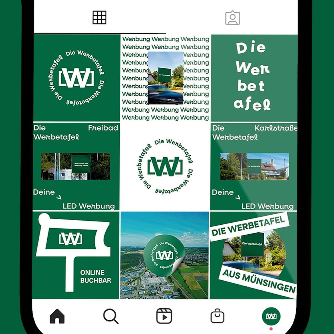 Instagram-Profil, dessen neun Kacheln zusammen ein durchgehendes Raster ergeben